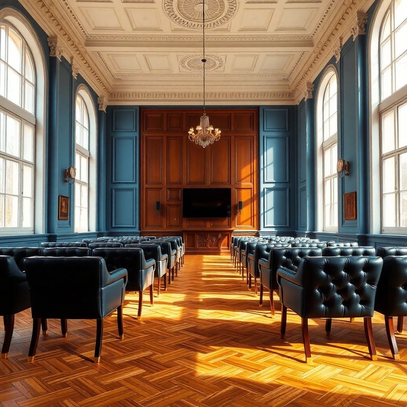 Sală de consiliu cu scaune Chesterfield, ferestre înalte și lumină caldă într-o clădire istorică din Cluj-Napoca